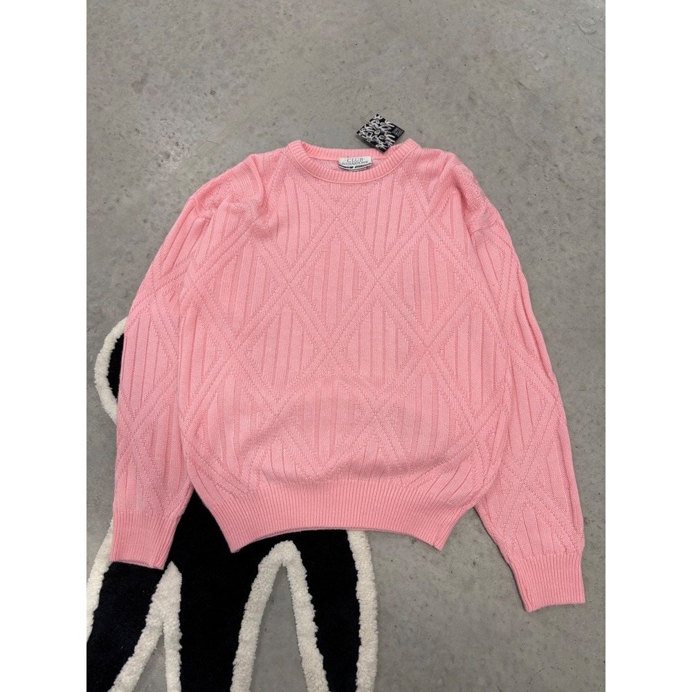 Club International Pink Diamond Cable Knit Crewneck Sweater Mens Large Vintage